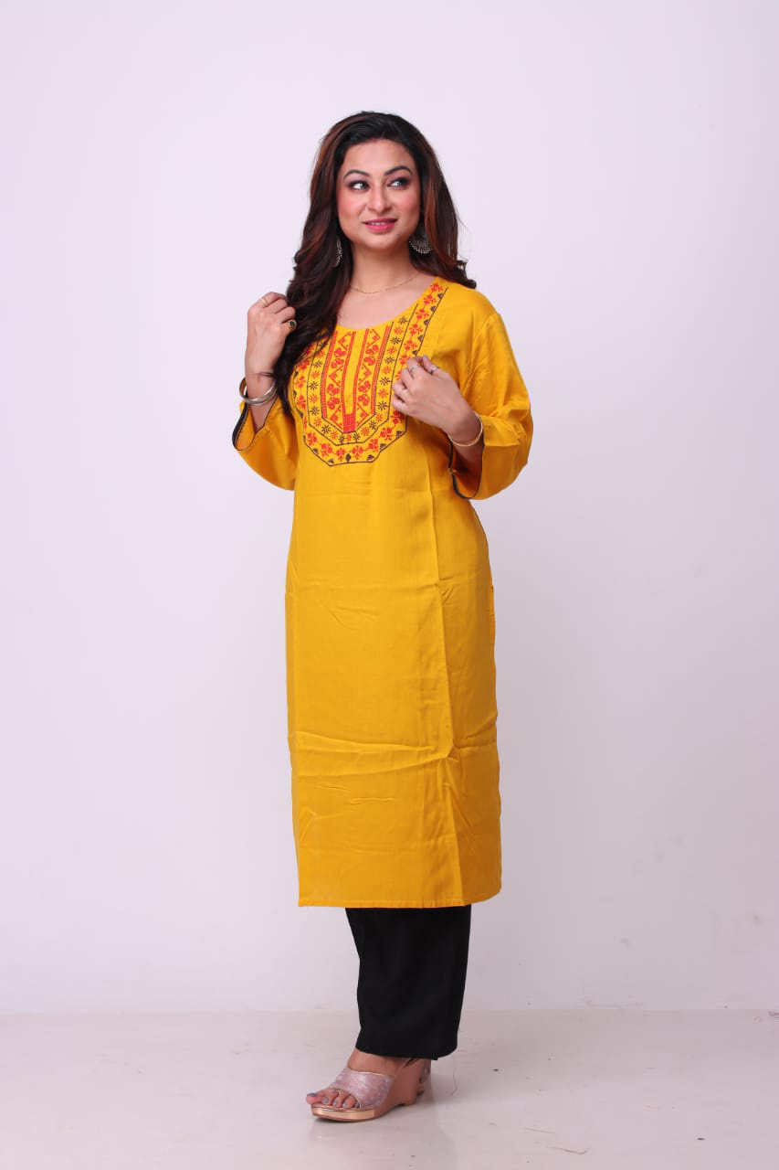 Yellow printed   long  Rayon kurti