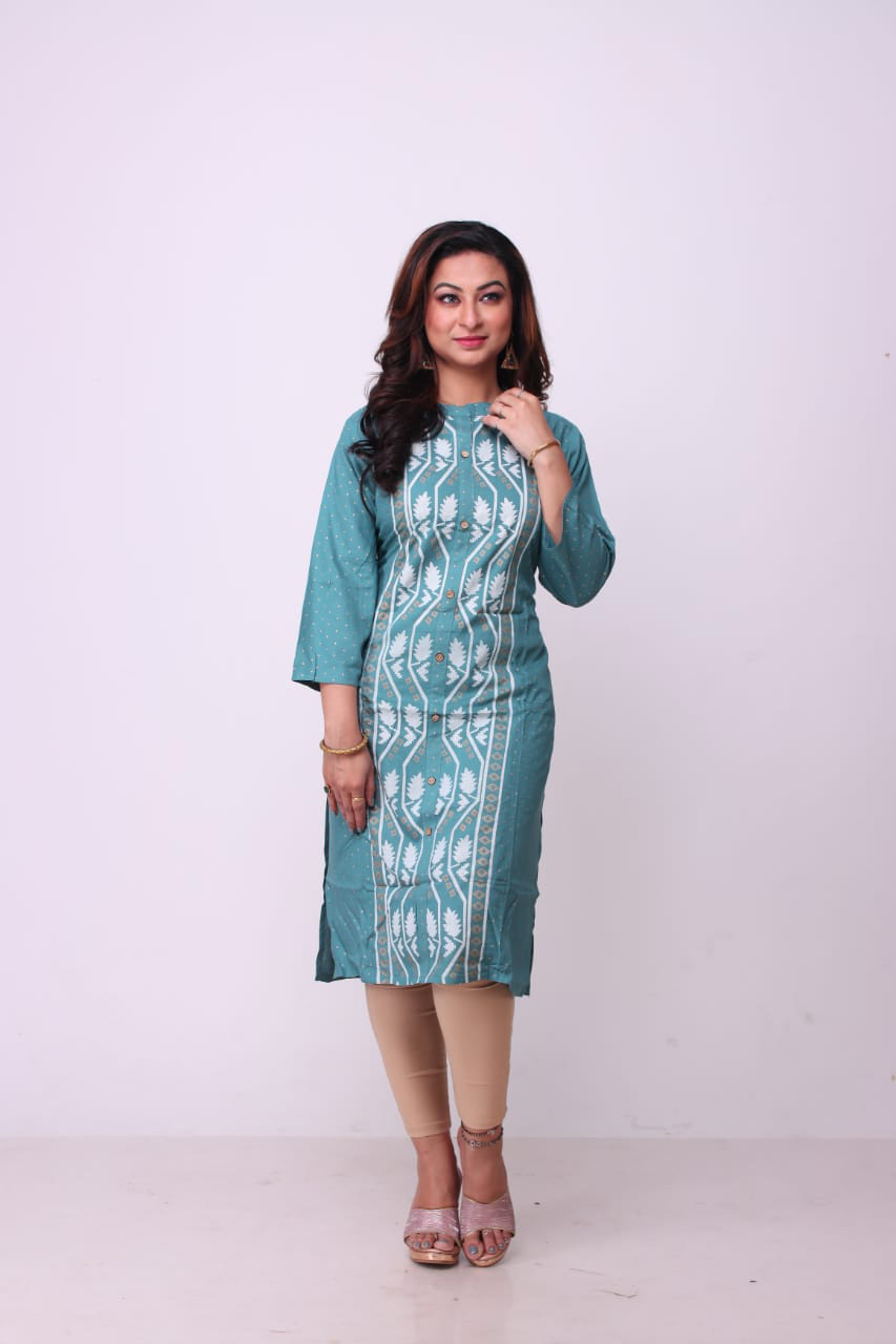 Green coloured kurti with white Dhakai work, exclusive handloom collection