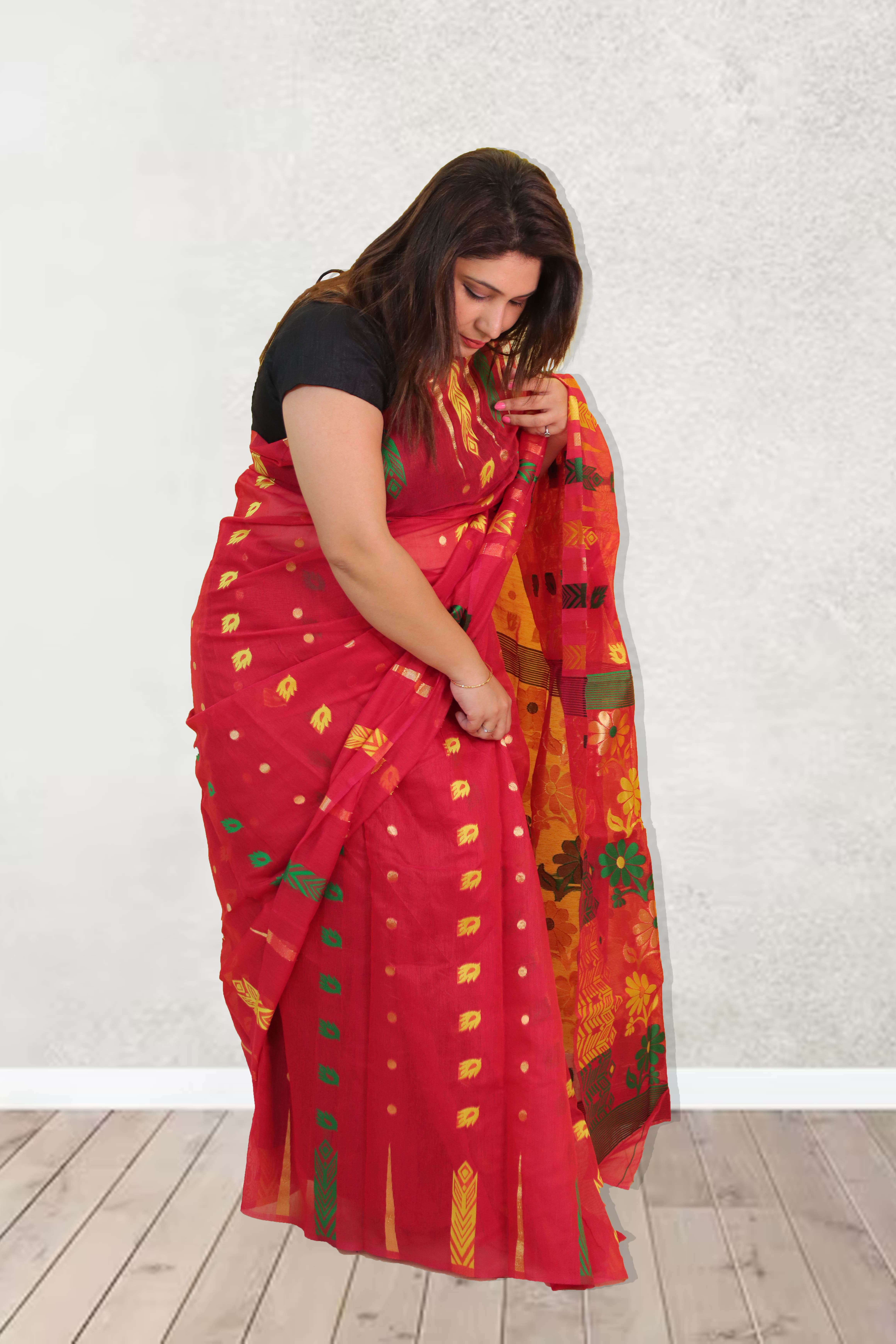 Deep maroon jari-thread work dhakai saree