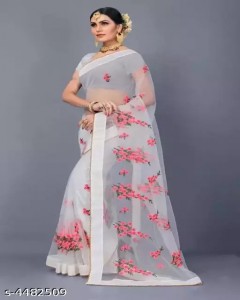 TEESWALA Net White Embroidered Saree With Blouse